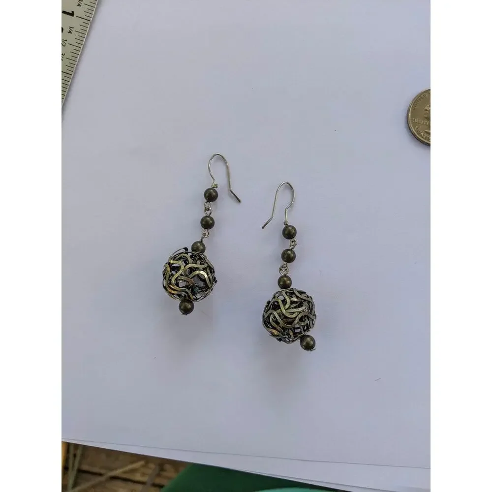 Funky twisted metal wire-wrap ball fish hook earrings